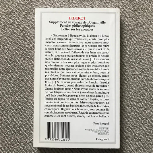 Diderot - Supplément au voyage de Bougainville, pensées philosophiques, lettre sur les aveugles