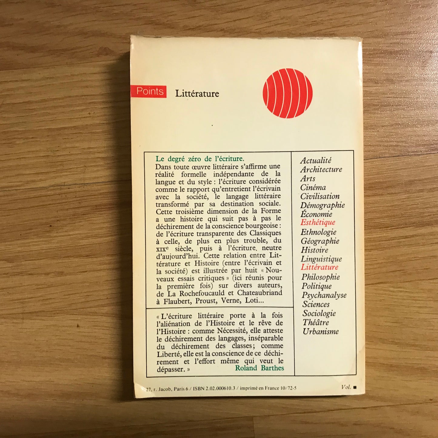 Barthes, Roland - Le degré zéro de l’écriture suivi de Nouveaux essais critiques