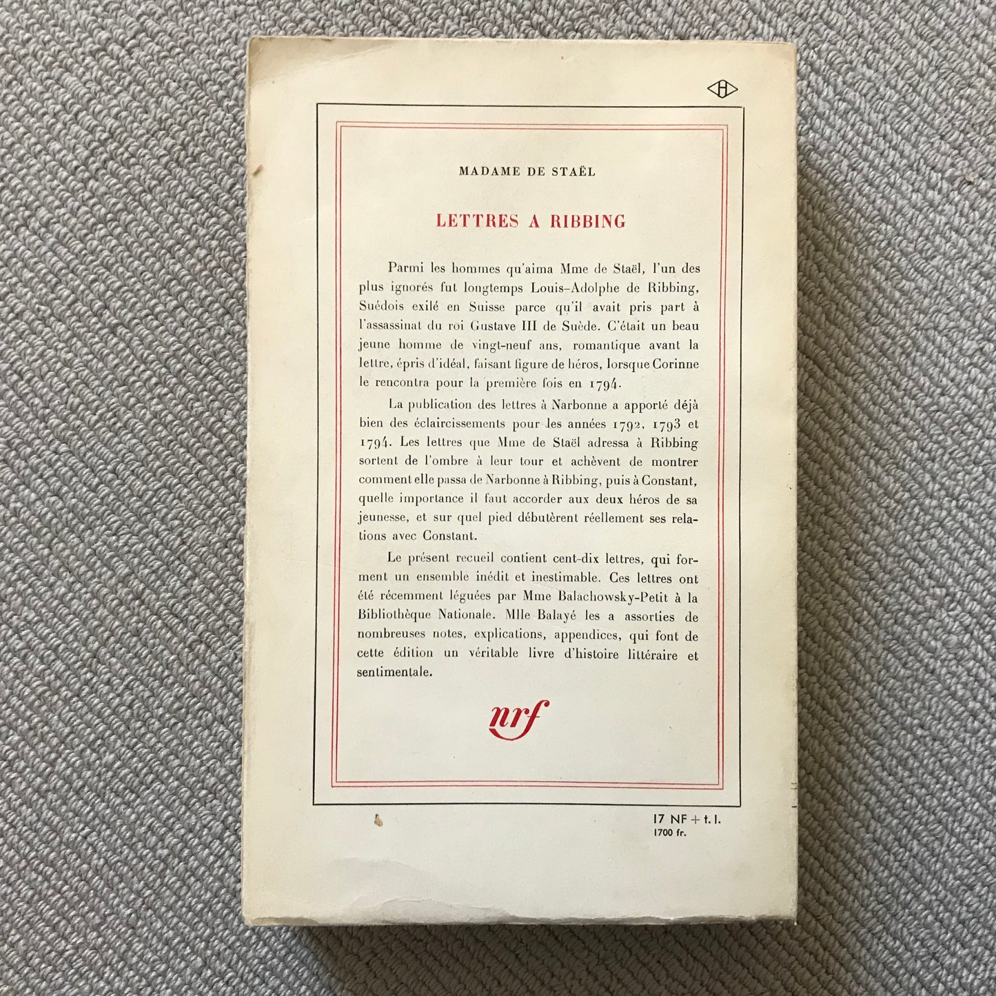 Staël de, Madame - Lettres à Ribbing