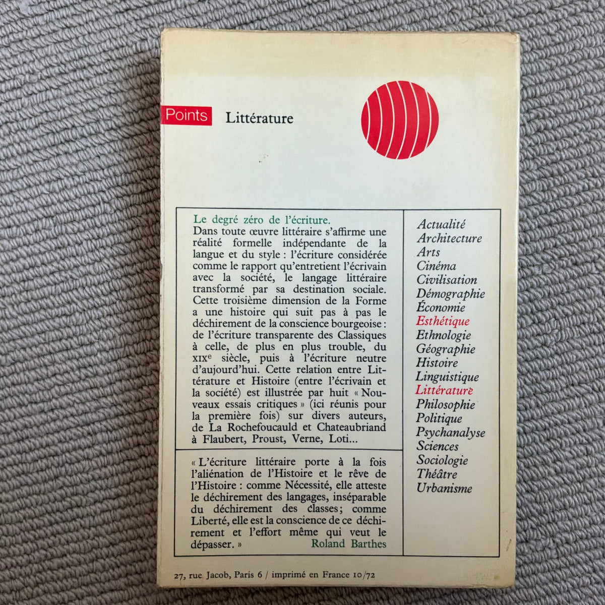 Barthes, Roland - Le degré zéro de l’écriture suivi de Nouveaux essais critiques